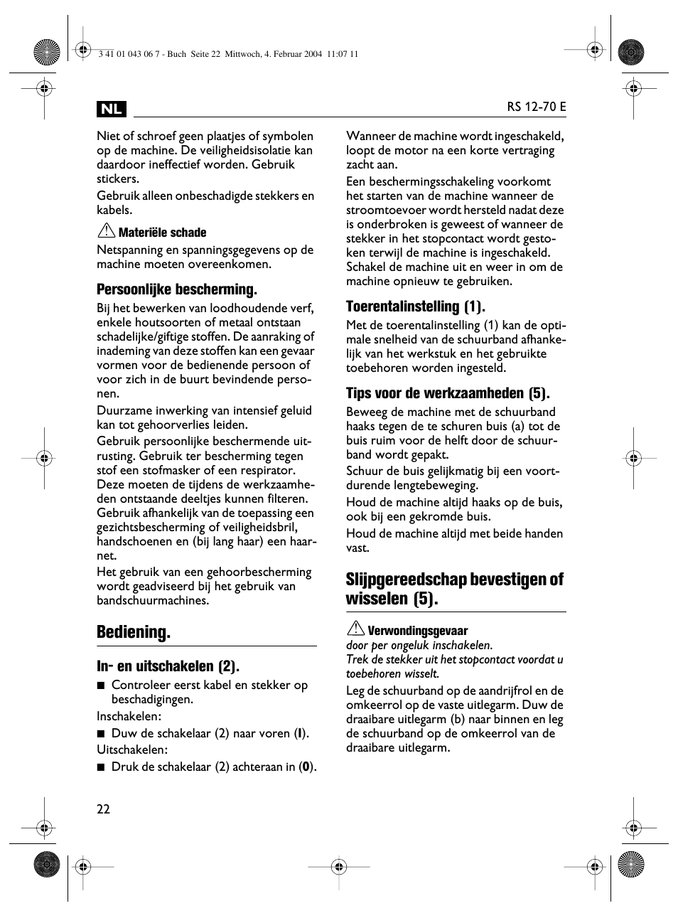 Bediening, Slijpgereedschap bevestigen of wisselen (5) | Fein RS 12-70E User Manual | Page 22 / 80