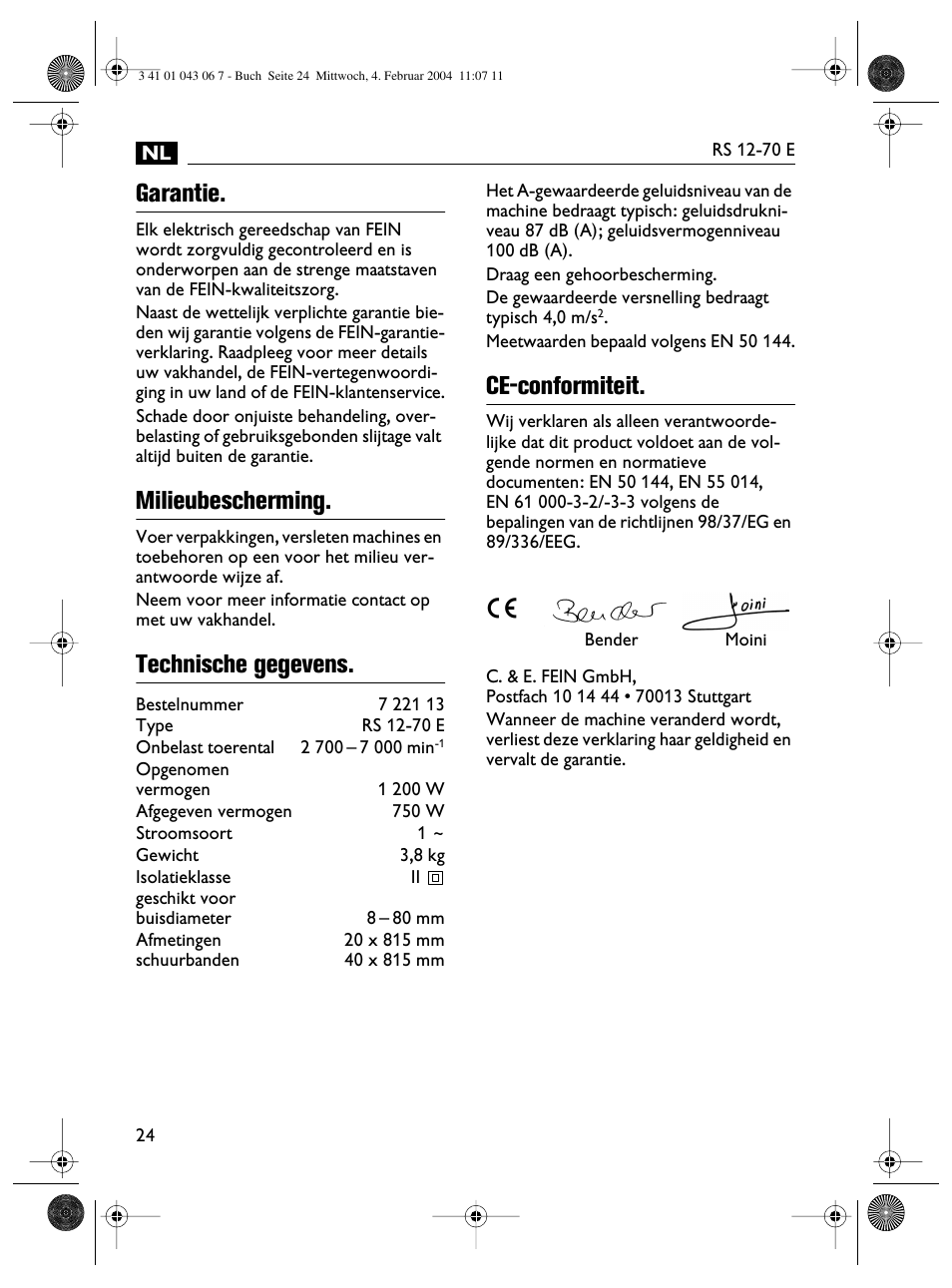 Garantie, Milieubescherming, Technische gegevens | Ce-conformiteit | Fein RS 12-70E User Manual | Page 24 / 80