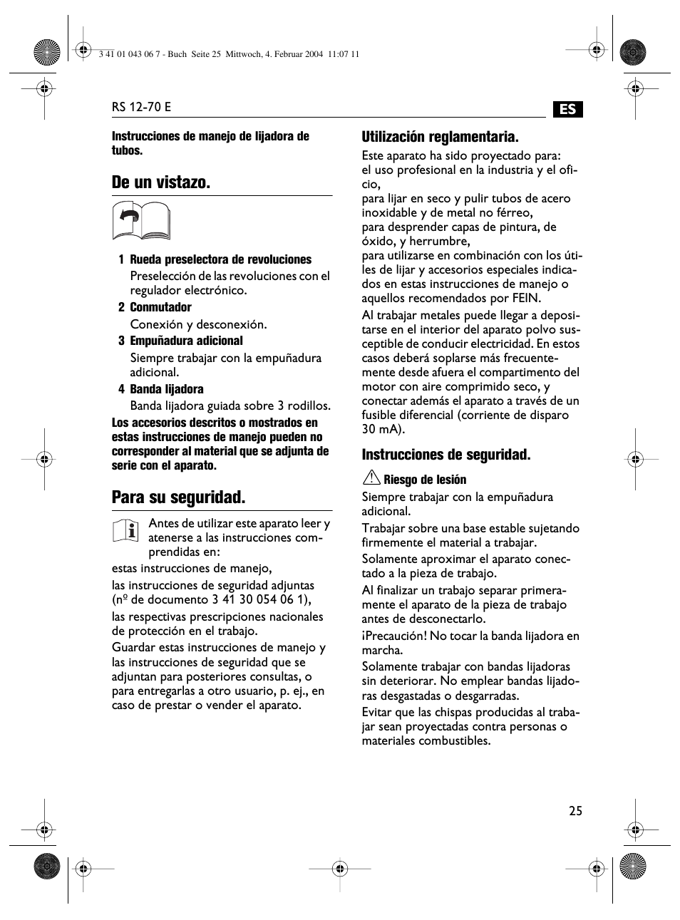 De un vistazo, Para su seguridad | Fein RS 12-70E User Manual | Page 25 / 80