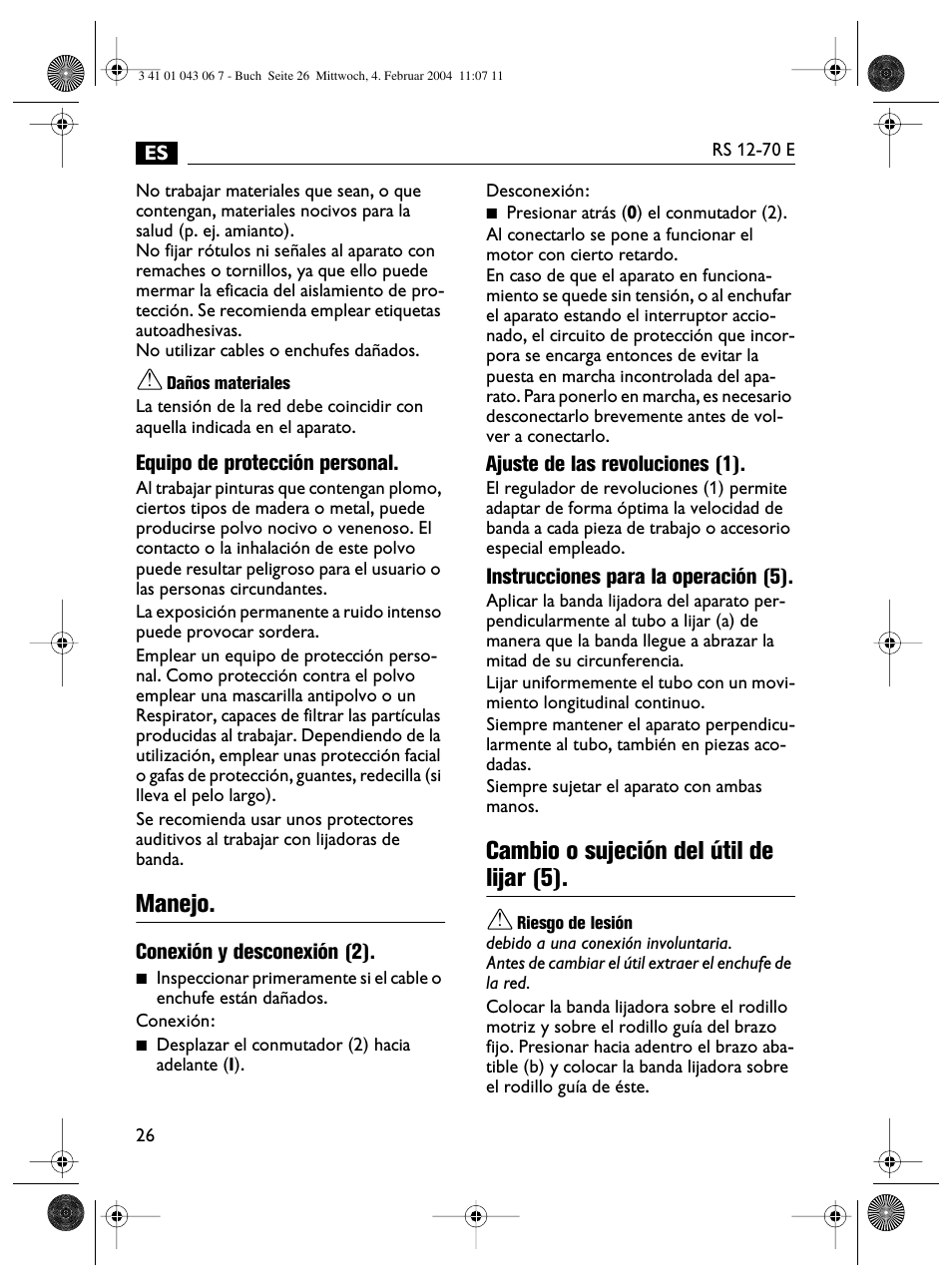 Manejo, Cambio o sujeción del útil de lijar (5) | Fein RS 12-70E User Manual | Page 26 / 80