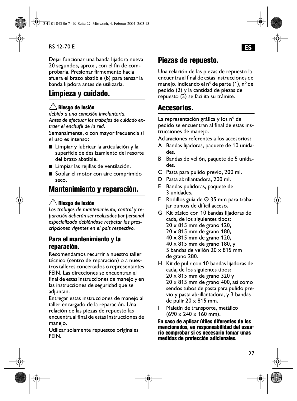 Limpieza y cuidado, Mantenimiento y reparación, Piezas de repuesto | Accesorios | Fein RS 12-70E User Manual | Page 27 / 80