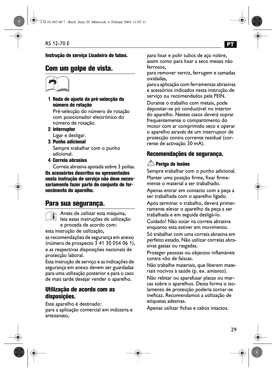 Com um golpe de vista, Para sua segurança | Fein RS 12-70E User Manual | Page 29 / 80