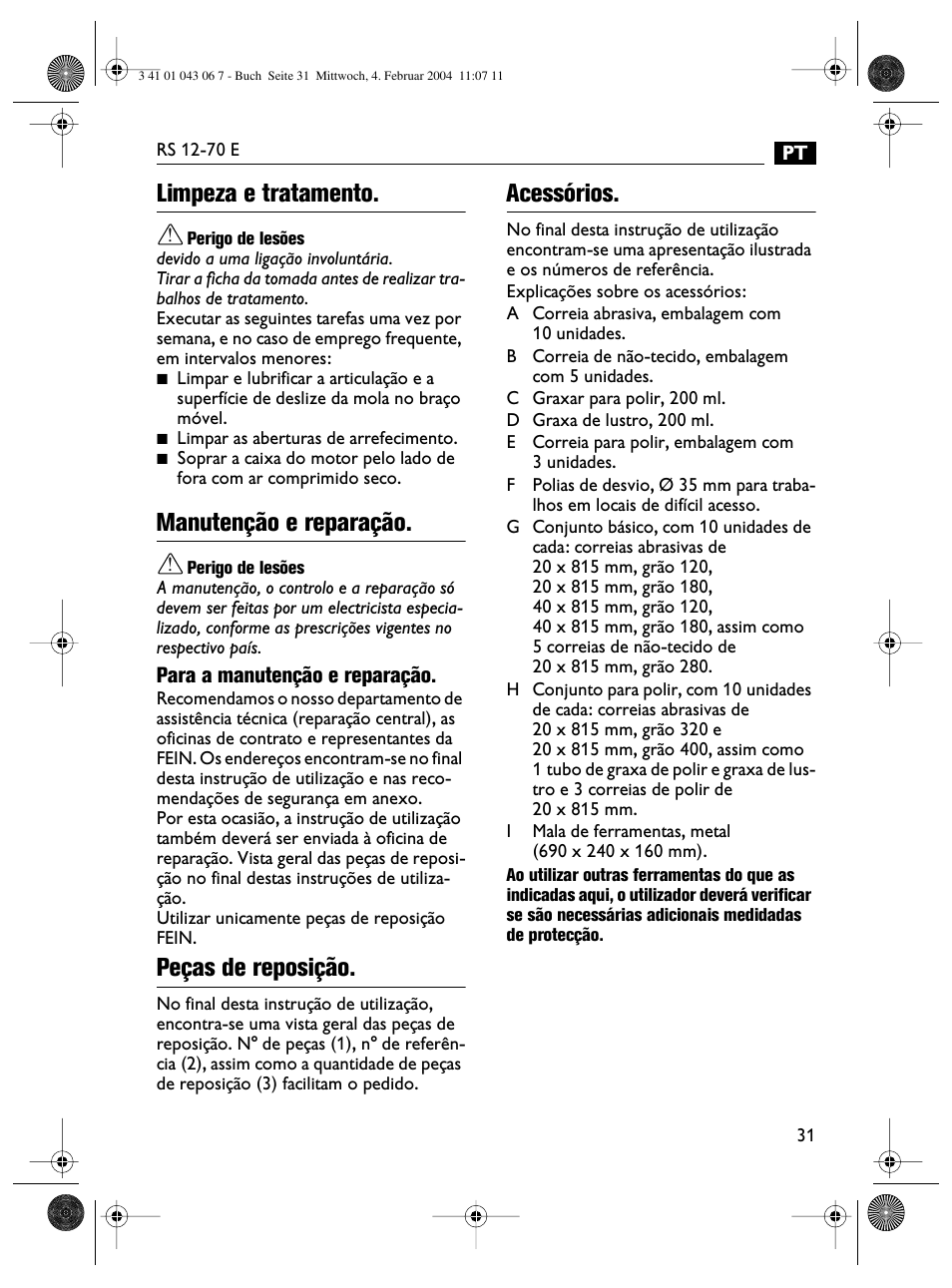 Limpeza e tratamento, Manutenção e reparação, Peças de reposição | Acessórios | Fein RS 12-70E User Manual | Page 31 / 80