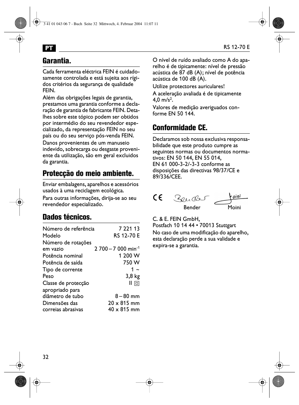 Garantia, Protecção do meio ambiente, Dados técnicos | Conformidade ce | Fein RS 12-70E User Manual | Page 32 / 80