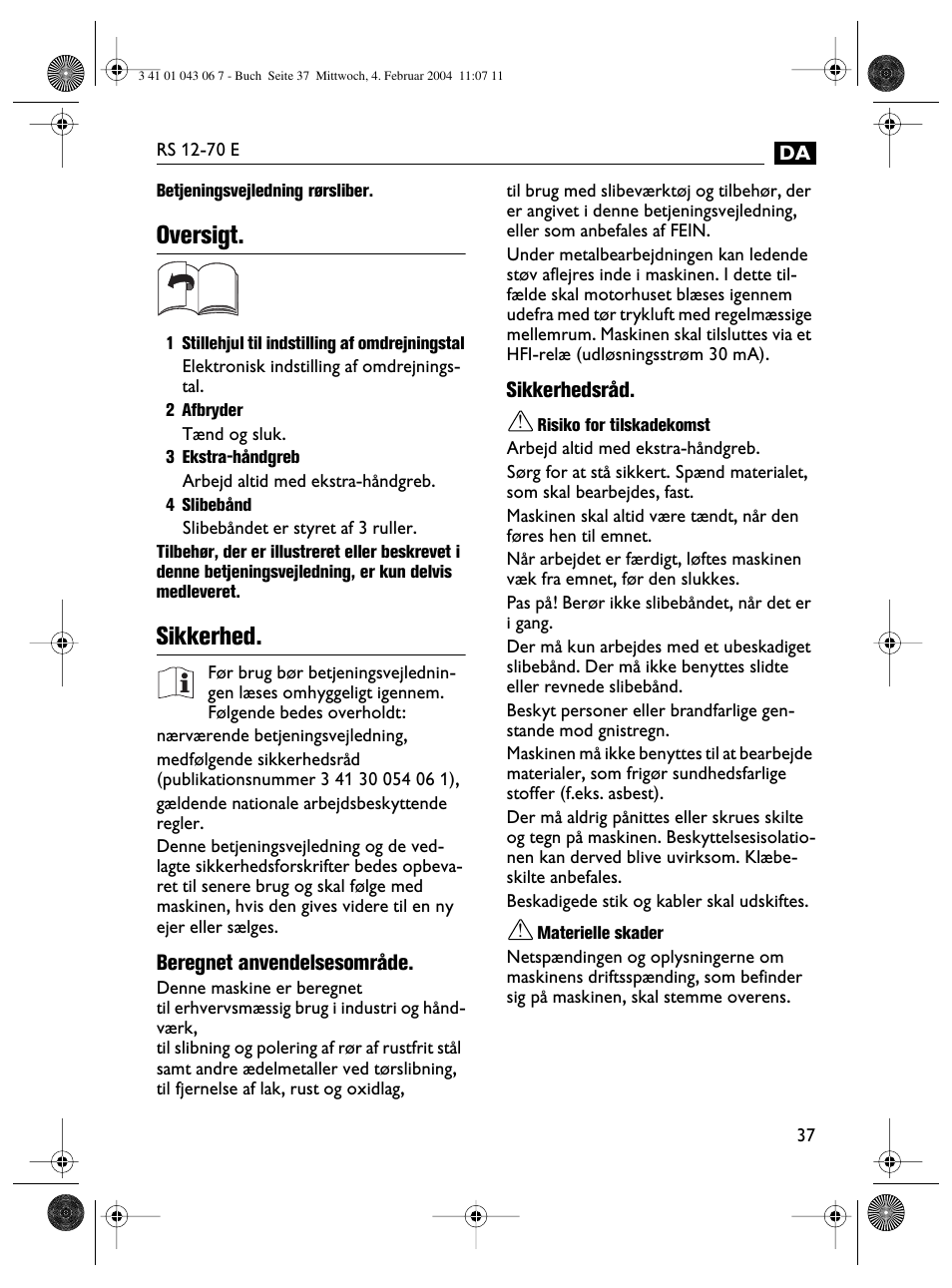 Oversigt, Sikkerhed | Fein RS 12-70E User Manual | Page 37 / 80