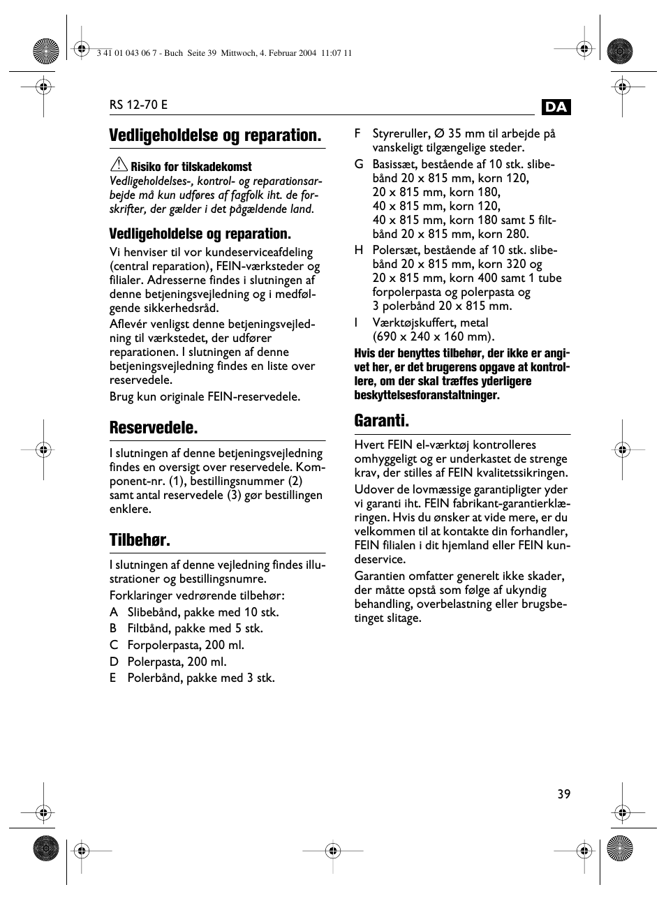 Vedligeholdelse og reparation, Reservedele, Tilbehør | Garanti | Fein RS 12-70E User Manual | Page 39 / 80