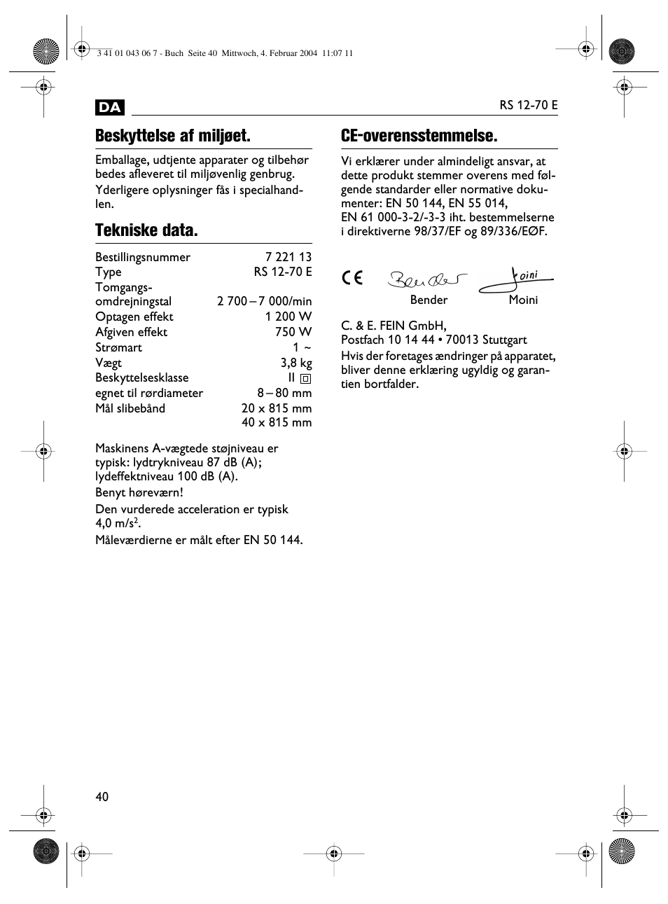 Beskyttelse af miljøet, Tekniske data, Ce-overensstemmelse | Fein RS 12-70E User Manual | Page 40 / 80