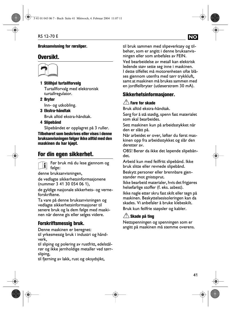 Oversikt, For din egen sikkerhet | Fein RS 12-70E User Manual | Page 41 / 80