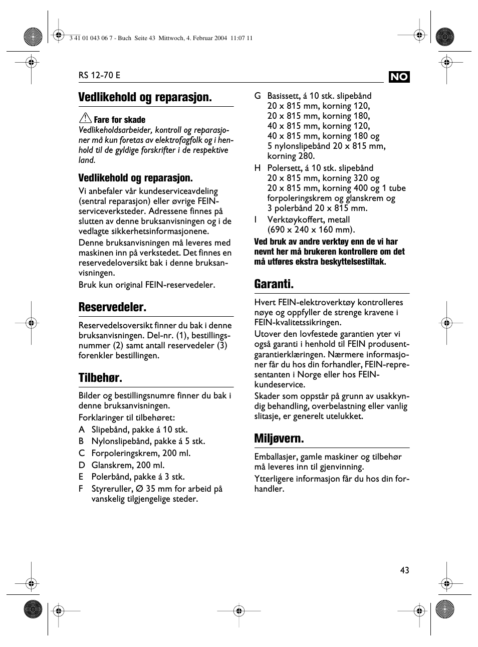 Vedlikehold og reparasjon, Reservedeler, Tilbehør | Garanti, Miljøvern | Fein RS 12-70E User Manual | Page 43 / 80