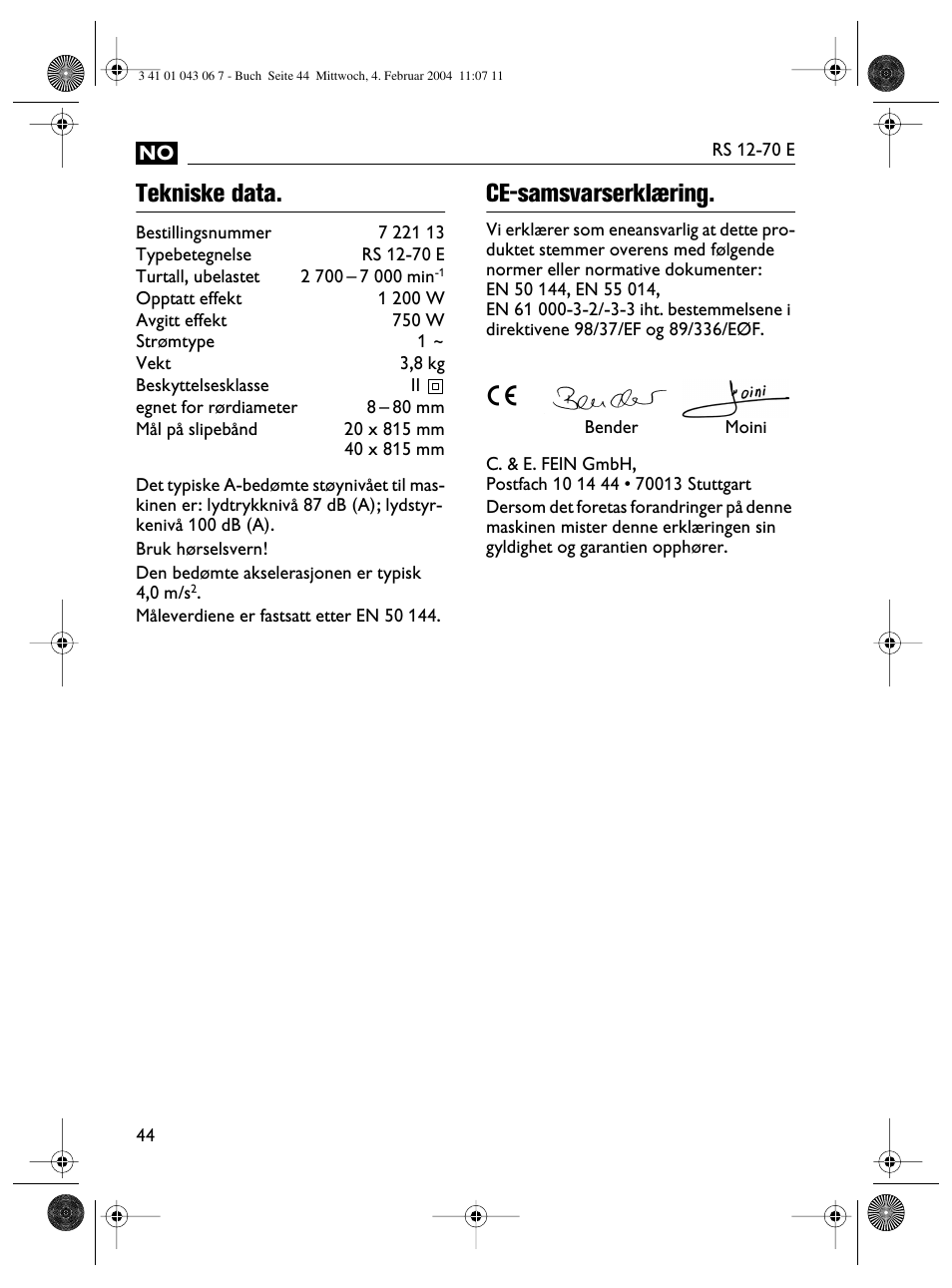 Tekniske data, Ce-samsvarserklæring | Fein RS 12-70E User Manual | Page 44 / 80