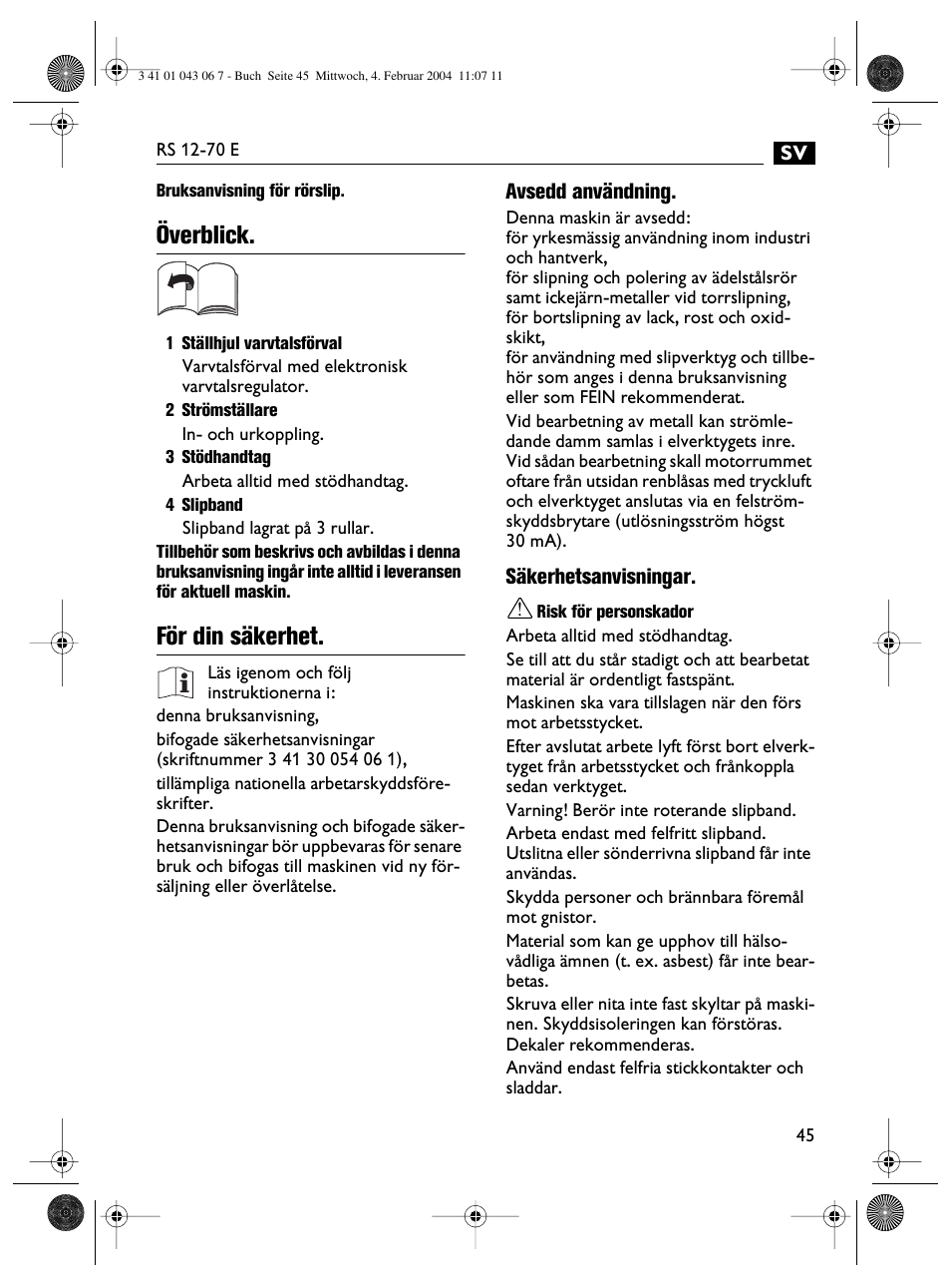 Överblick, För din säkerhet | Fein RS 12-70E User Manual | Page 45 / 80