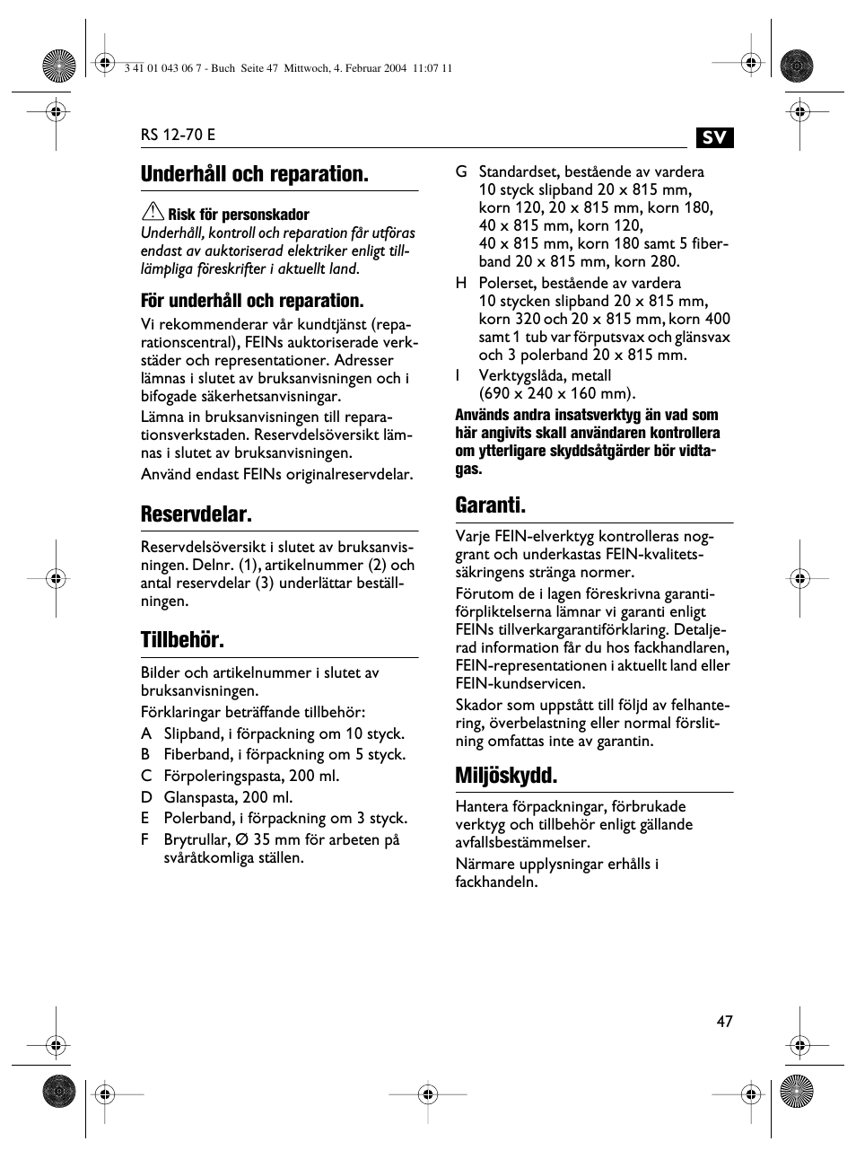 Underhåll och reparation, Reservdelar, Tillbehör | Garanti, Miljöskydd | Fein RS 12-70E User Manual | Page 47 / 80