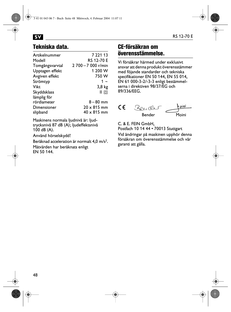Tekniska data, Ce-försäkran om överensstämmelse | Fein RS 12-70E User Manual | Page 48 / 80