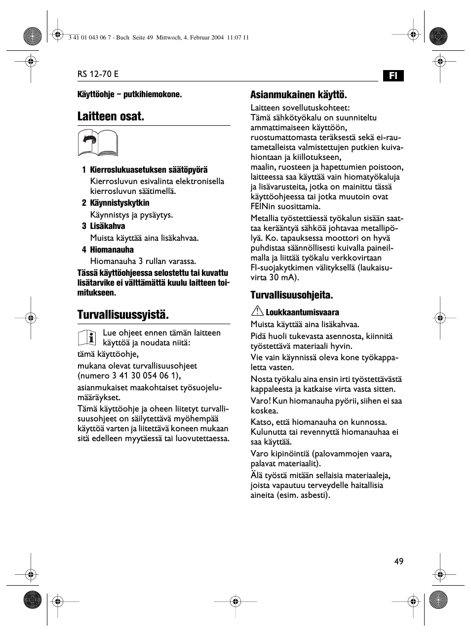 Laitteen osat, Turvallisuussyistä | Fein RS 12-70E User Manual | Page 49 / 80