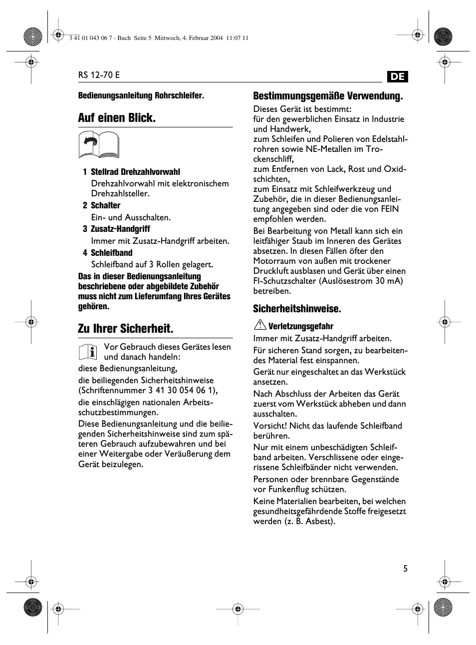 Auf einen blick, Zu ihrer sicherheit | Fein RS 12-70E User Manual | Page 5 / 80