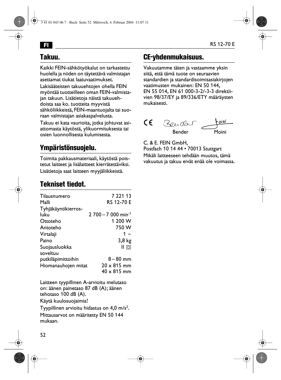 Takuu, Ympäristönsuojelu, Tekniset tiedot | Ce-yhdenmukaisuus | Fein RS 12-70E User Manual | Page 52 / 80