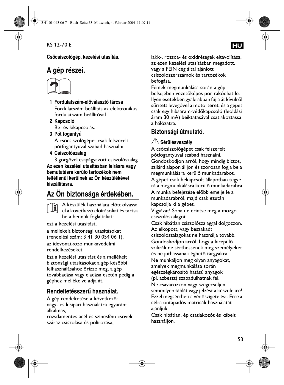 A gép részei, Az ön biztonsága érdekében | Fein RS 12-70E User Manual | Page 53 / 80