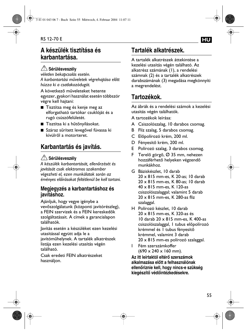 A készülék tisztítása és karbantartása, Karbantartás és javítás, Tartalék alkatrészek | Tartozékok | Fein RS 12-70E User Manual | Page 55 / 80