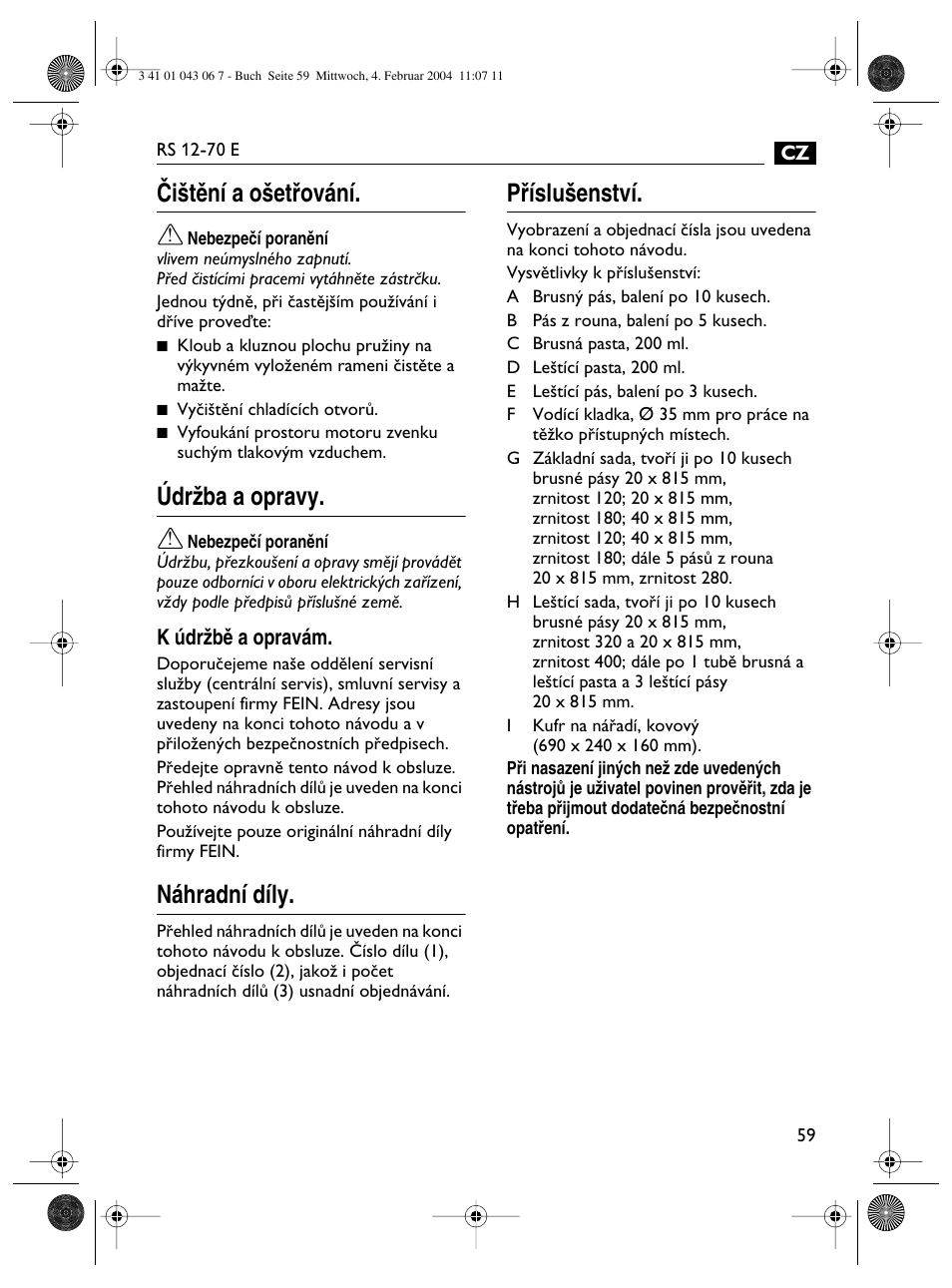 Âi‰tûní a o‰etﬁování, Údrïba a opravy, Náhradní díly | Pﬁíslu‰enství | Fein RS 12-70E User Manual | Page 59 / 80