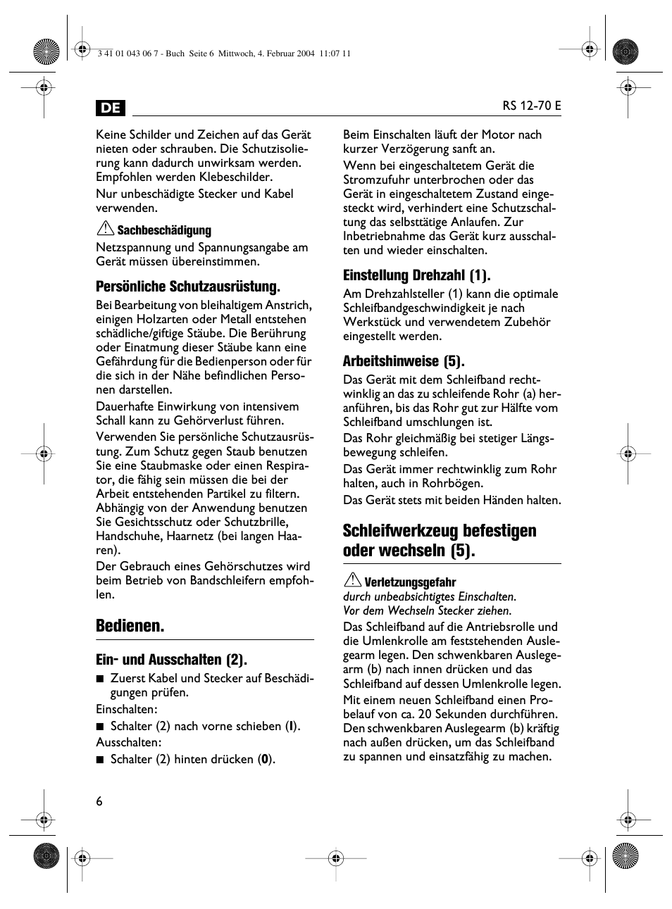 Bedienen, Schleifwerkzeug befestigen oder wechseln (5) | Fein RS 12-70E User Manual | Page 6 / 80