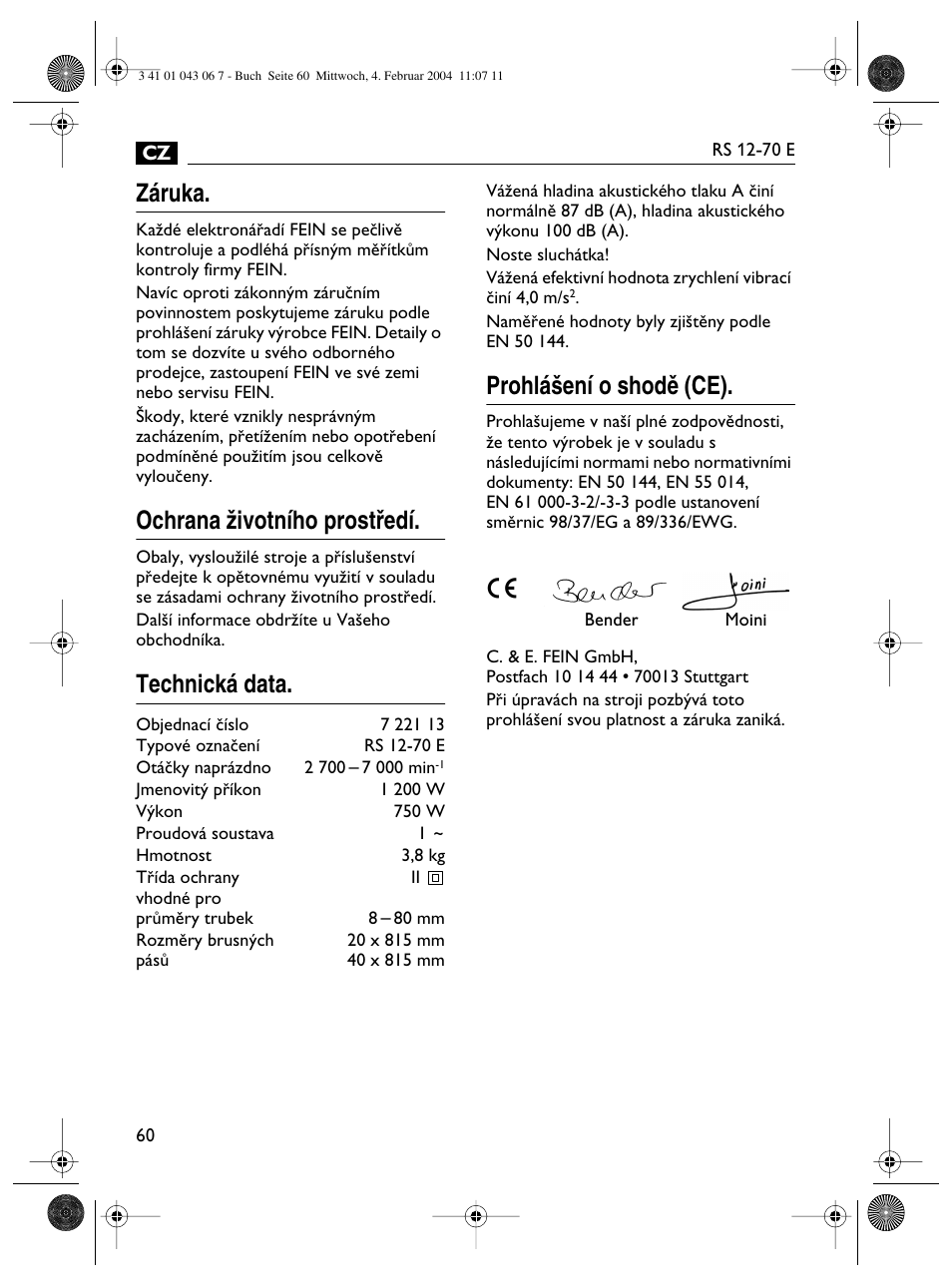Záruka, Ochrana ïivotního prostﬁedí, Technická data | Prohlá‰ení o shodû (ce) | Fein RS 12-70E User Manual | Page 60 / 80