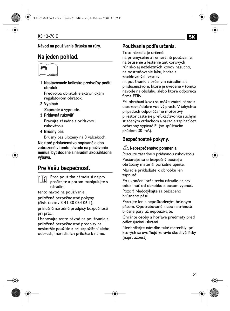 Na jeden pohºad, Pre va‰u bezpeãnosè | Fein RS 12-70E User Manual | Page 61 / 80
