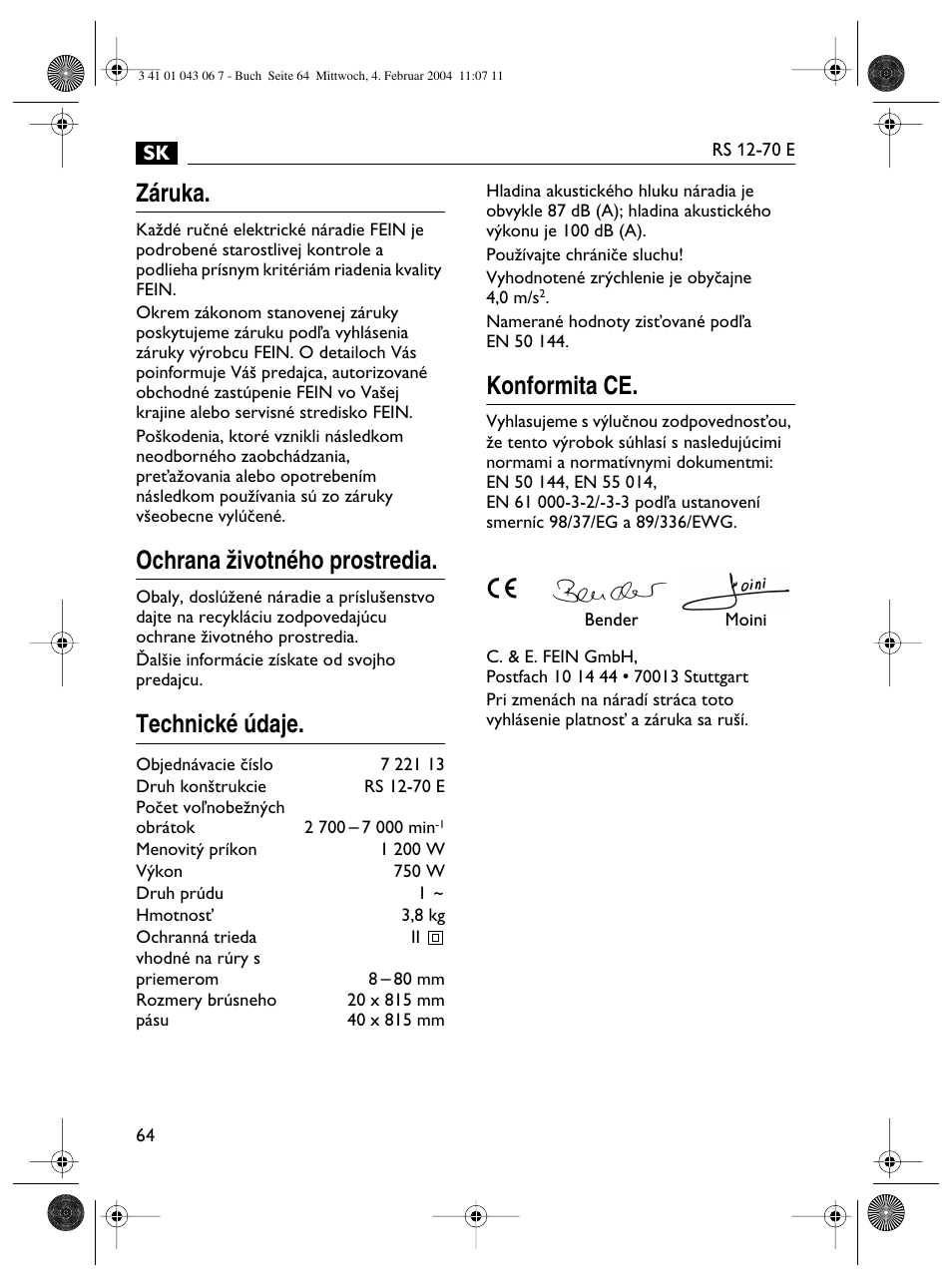 Záruka, Ochrana ïivotného prostredia, Technické údaje | Konformita ce | Fein RS 12-70E User Manual | Page 64 / 80