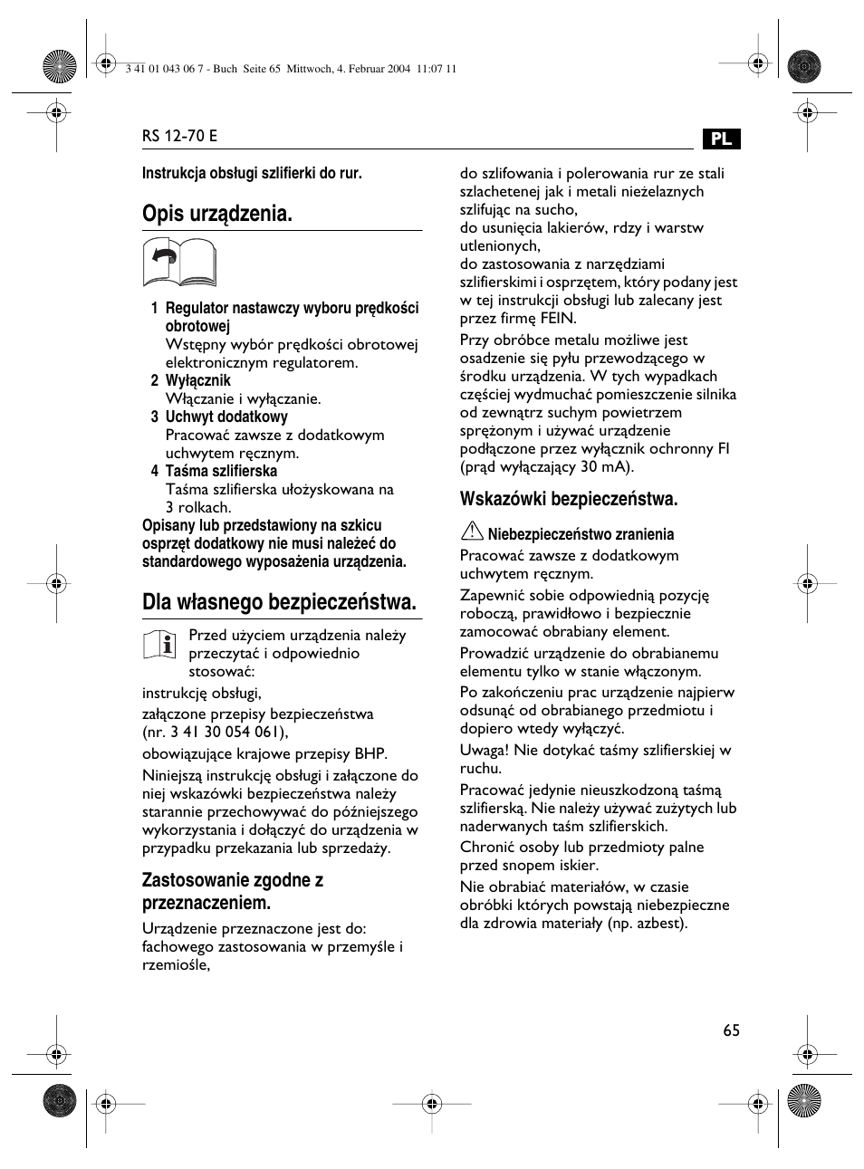 Opis urzàdzenia, Dla w∏asnego bezpieczeƒstwa | Fein RS 12-70E User Manual | Page 65 / 80