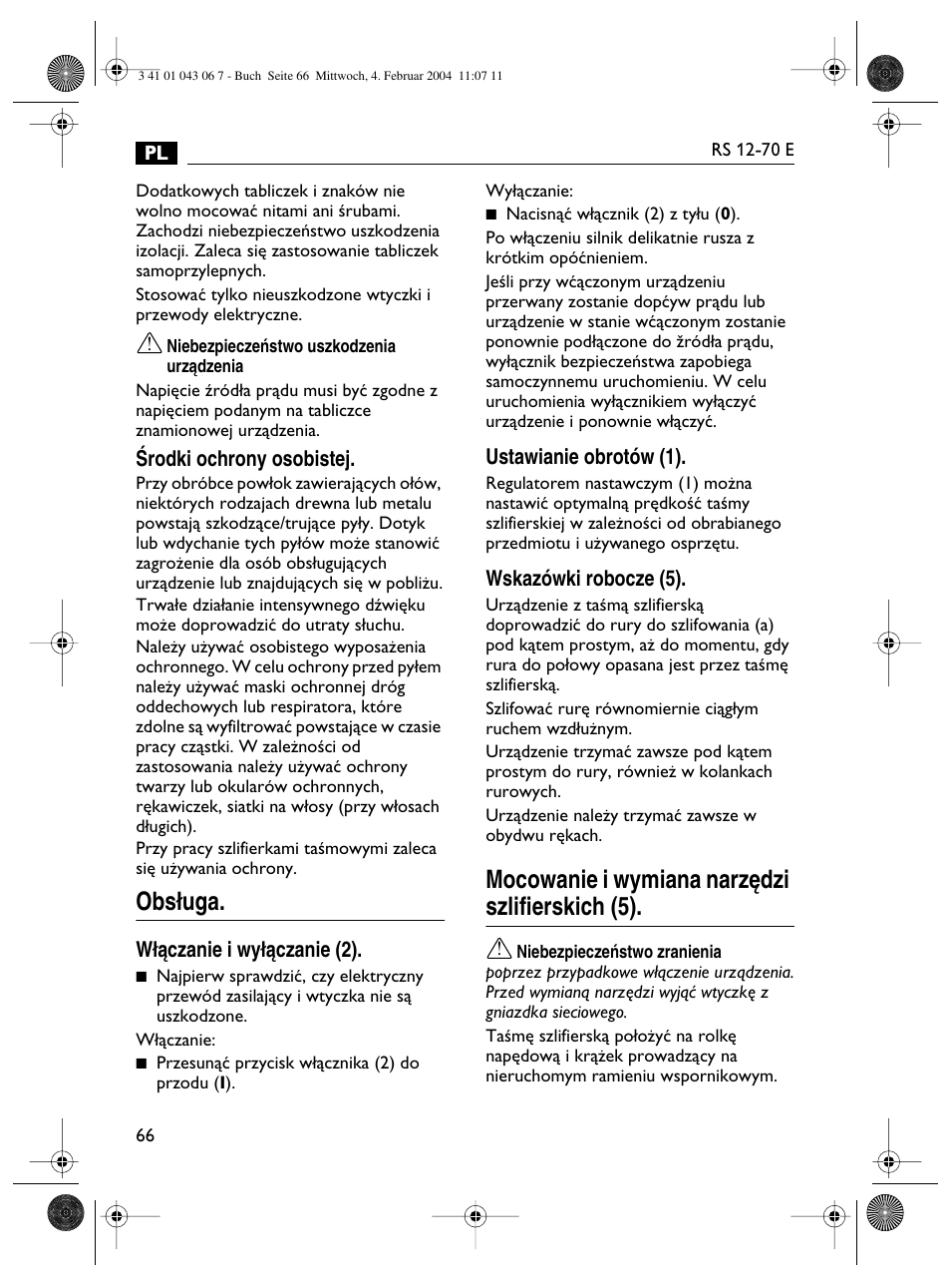 Obs∏uga, Mocowanie i wymiana narz´dzi szlifierskich (5) | Fein RS 12-70E User Manual | Page 66 / 80