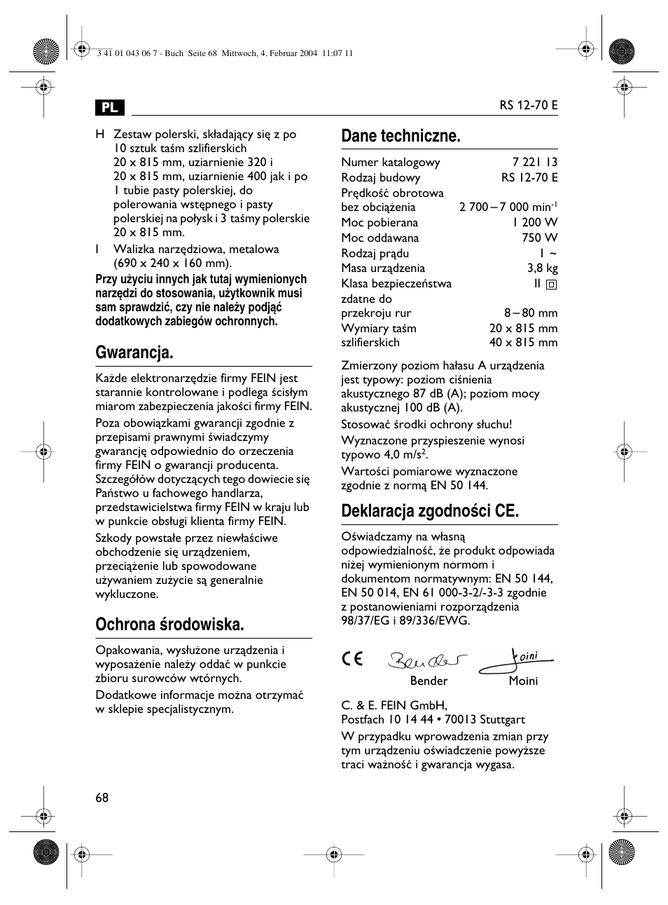 Gwarancja, Ochrona êrodowiska, Dane techniczne | Deklaracja zgodnoêci ce | Fein RS 12-70E User Manual | Page 68 / 80