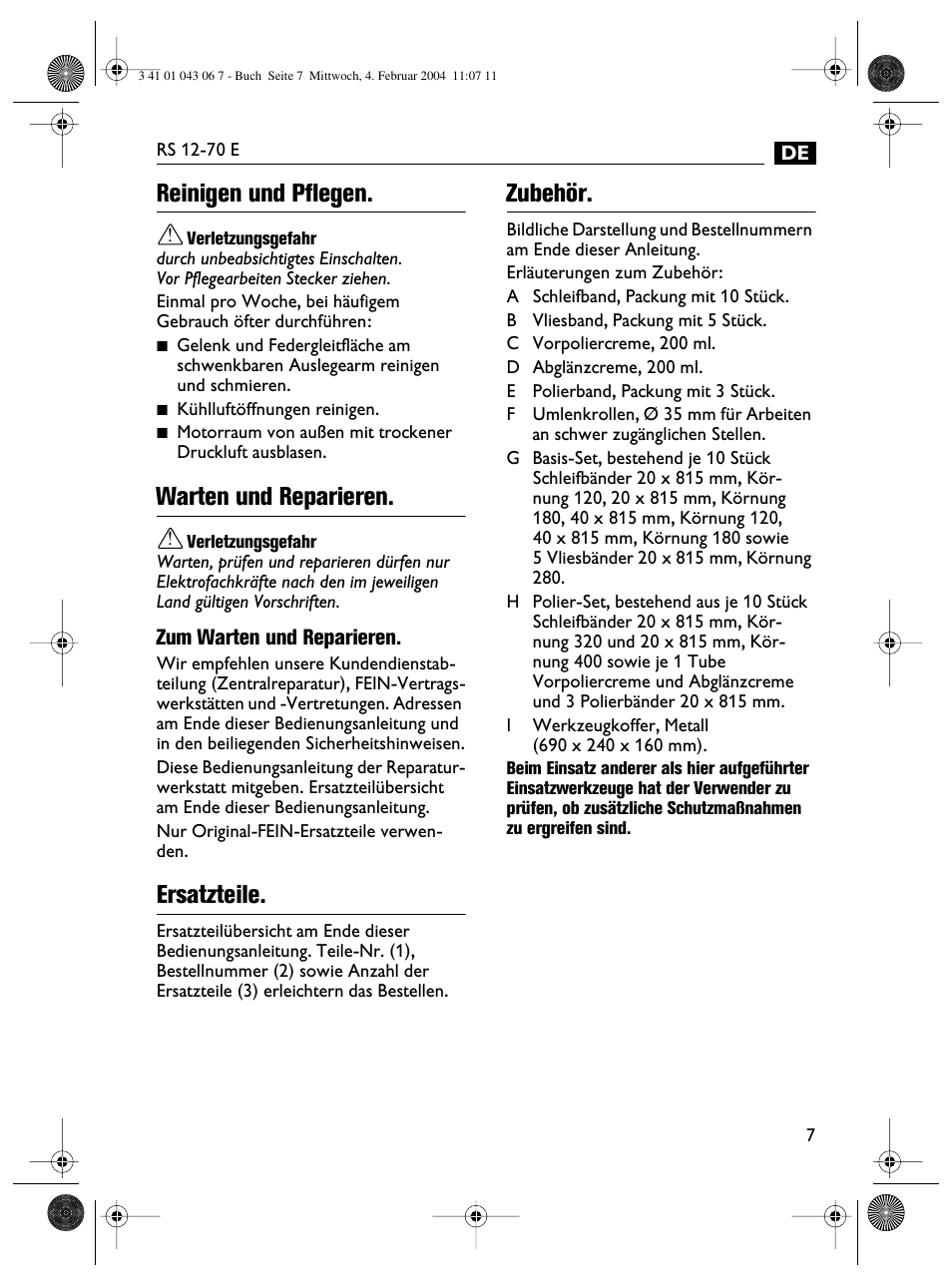 Reinigen und pflegen, Warten und reparieren, Ersatzteile | Zubehör | Fein RS 12-70E User Manual | Page 7 / 80