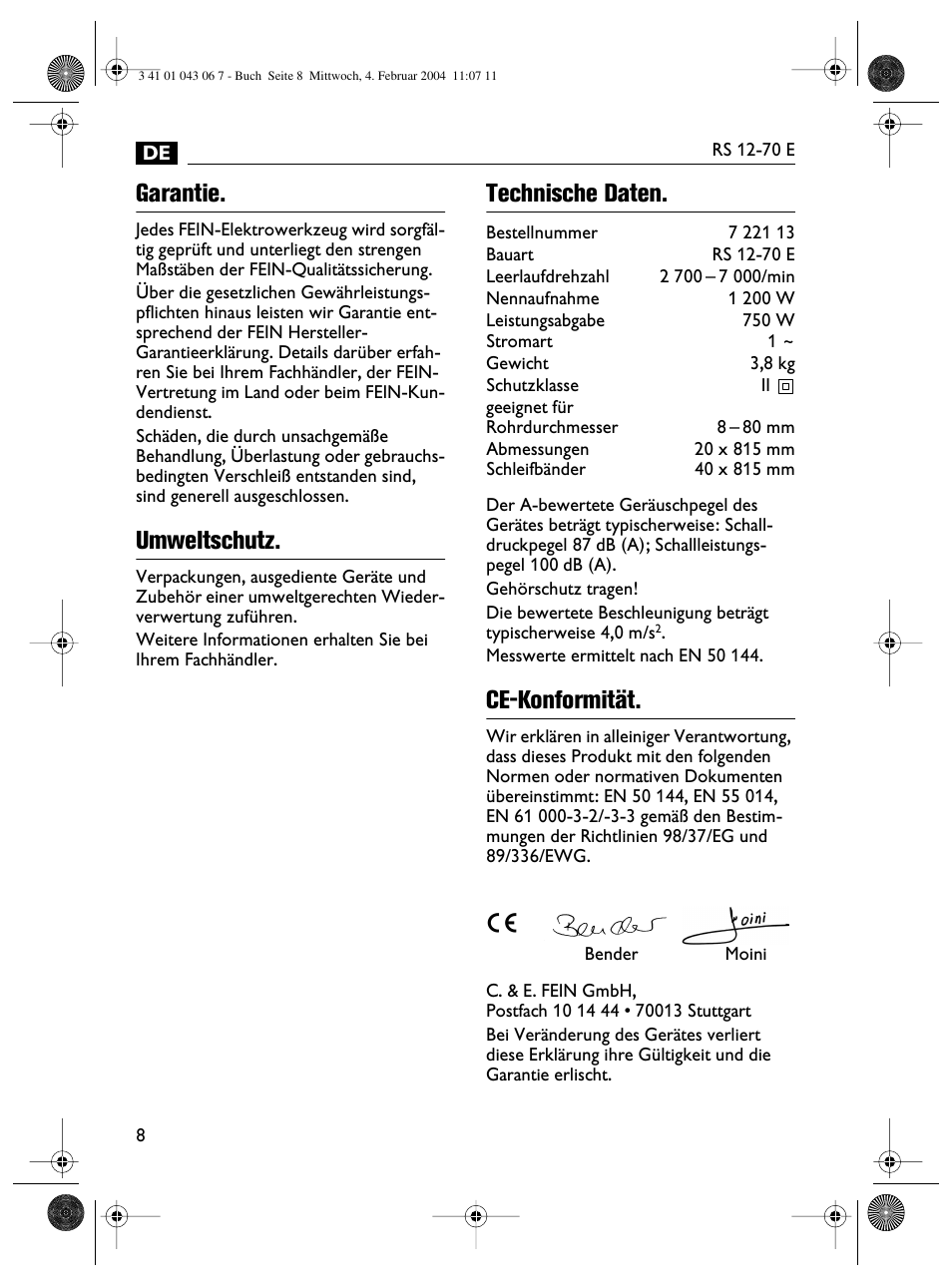 Garantie, Umweltschutz, Technische daten | Ce-konformität | Fein RS 12-70E User Manual | Page 8 / 80