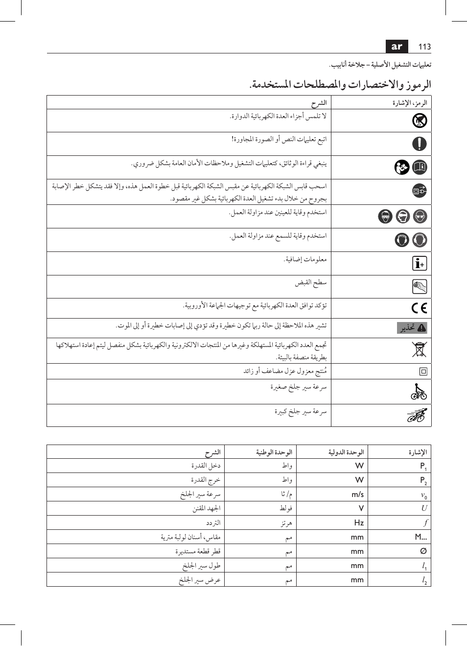 ةمدختسلما تاحلطصلماو تاراصتخلااو زومرلا | Fein RS 10-70E User Manual | Page 113 / 113