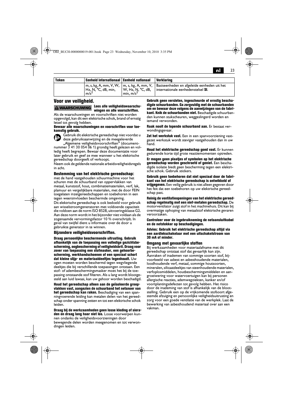 Nl voor uw veiligheid | Fein RS 10-70E User Manual | Page 23 / 113