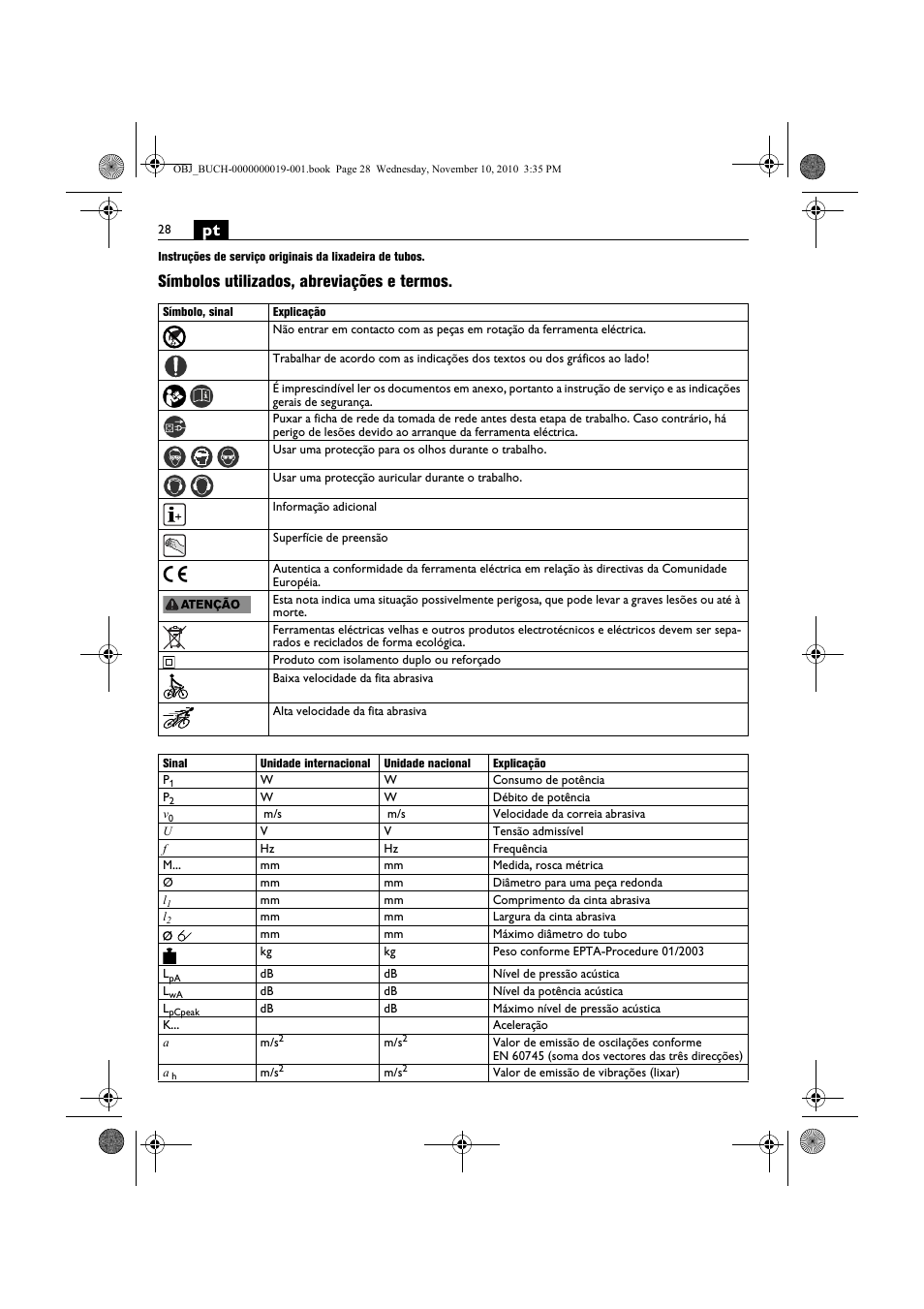 Símbolos utilizados, abreviações e termos | Fein RS 10-70E User Manual | Page 28 / 113