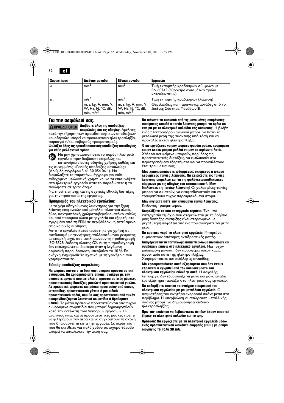 El για την ασφάλειά σας | Fein RS 10-70E User Manual | Page 32 / 113