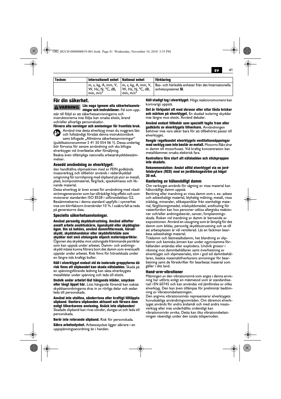 Sv för din säkerhet | Fein RS 10-70E User Manual | Page 41 / 113