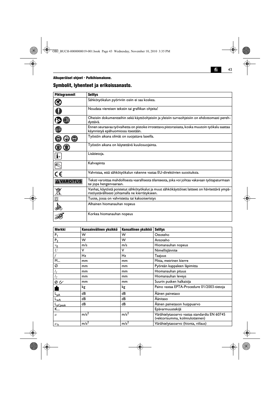 Symbolit, lyhenteet ja erikoissanasto | Fein RS 10-70E User Manual | Page 43 / 113