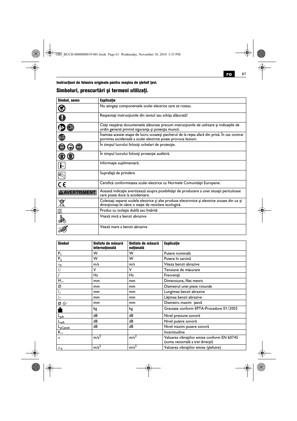 Simboluri, prescurtări şi termeni utilizaţi | Fein RS 10-70E User Manual | Page 61 / 113