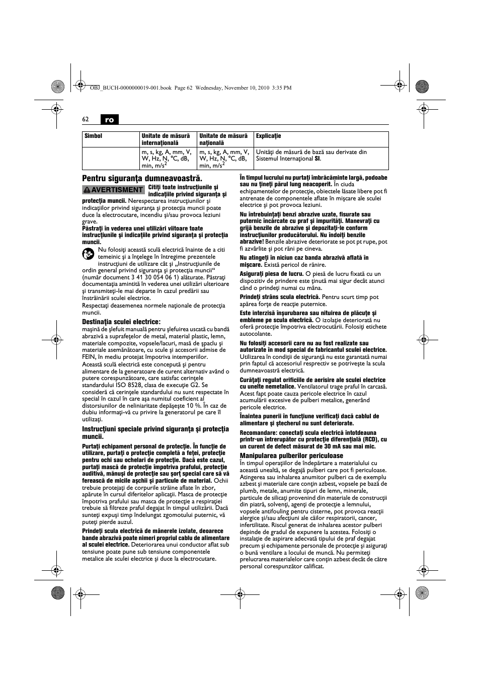 Ro pentru siguranţa dumneavoastră | Fein RS 10-70E User Manual | Page 62 / 113