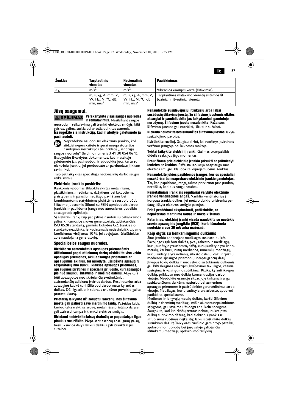 Lt jūsų saugumui | Fein RS 10-70E User Manual | Page 87 / 113