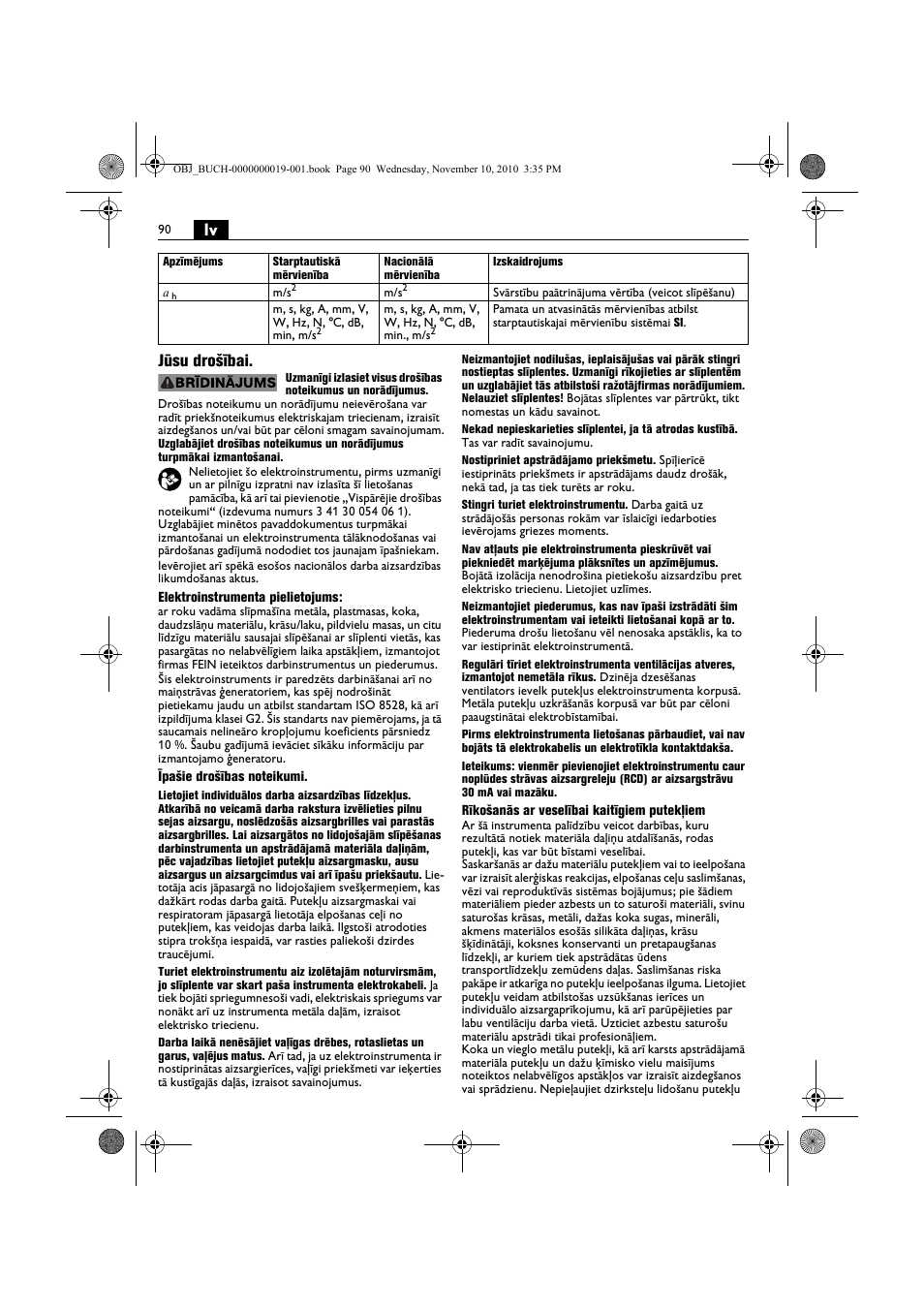 Lv jūsu drošībai | Fein RS 10-70E User Manual | Page 90 / 113