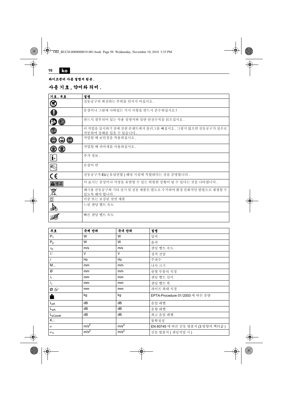 사용 기호 , 약어와 의미 | Fein RS 10-70E User Manual | Page 98 / 113