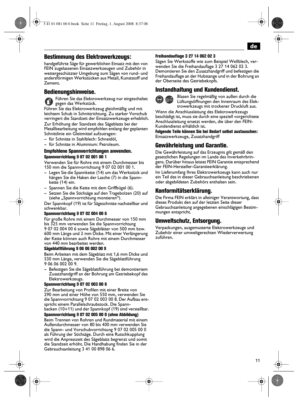 De bestimmung des elektrowerkzeugs, Bedienungshinweise, Instandhaltung und kundendienst | Gewährleistung und garantie, Konformitätserklärung, Umweltschutz, entsorgung | Fein AStxe649_1 User Manual | Page 11 / 68