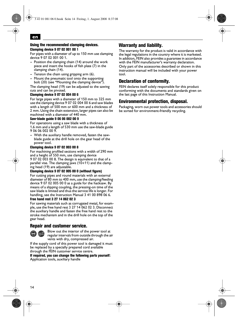 Repair and customer service, Warranty and liability, Declaration of conformity | Environmental protection, disposal | Fein AStxe649_1 User Manual | Page 14 / 68