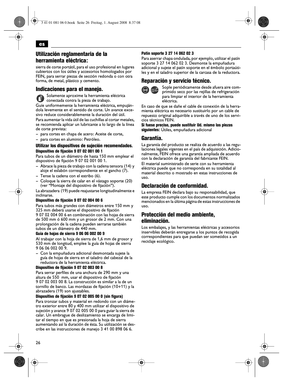 Indicaciones para el manejo, Reparación y servicio técnico, Garantía | Declaración de conformidad, Protección del medio ambiente, eliminación | Fein AStxe649_1 User Manual | Page 26 / 68