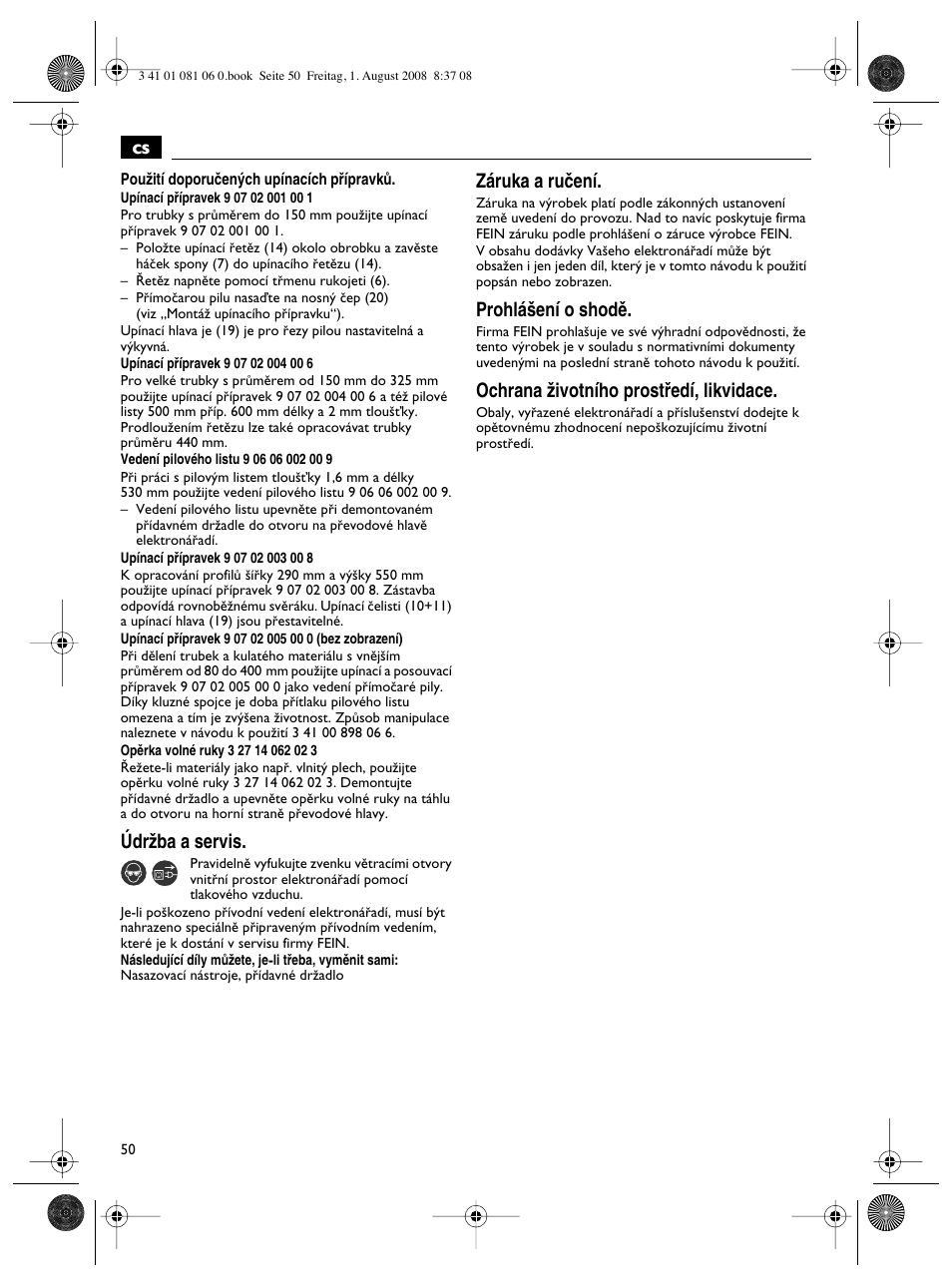 Údrïba a servis, Záruka a ruãení, Prohlá‰ení o shodû | Ochrana ïivotního prostﬁedí, likvidace | Fein AStxe649_1 User Manual | Page 50 / 68