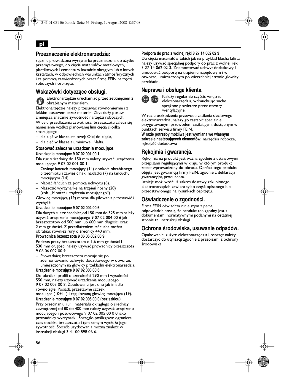 Pl przeznaczenie elektronarz´dzia, Wskazówki dotyczàce obs∏ugi, Naprawa i obs∏uga klienta | R´kojmia i gwarancja, Oêwiadczenie o zgodnoêci, Ochrona êrodowiska, usuwanie odpadów | Fein AStxe649_1 User Manual | Page 56 / 68