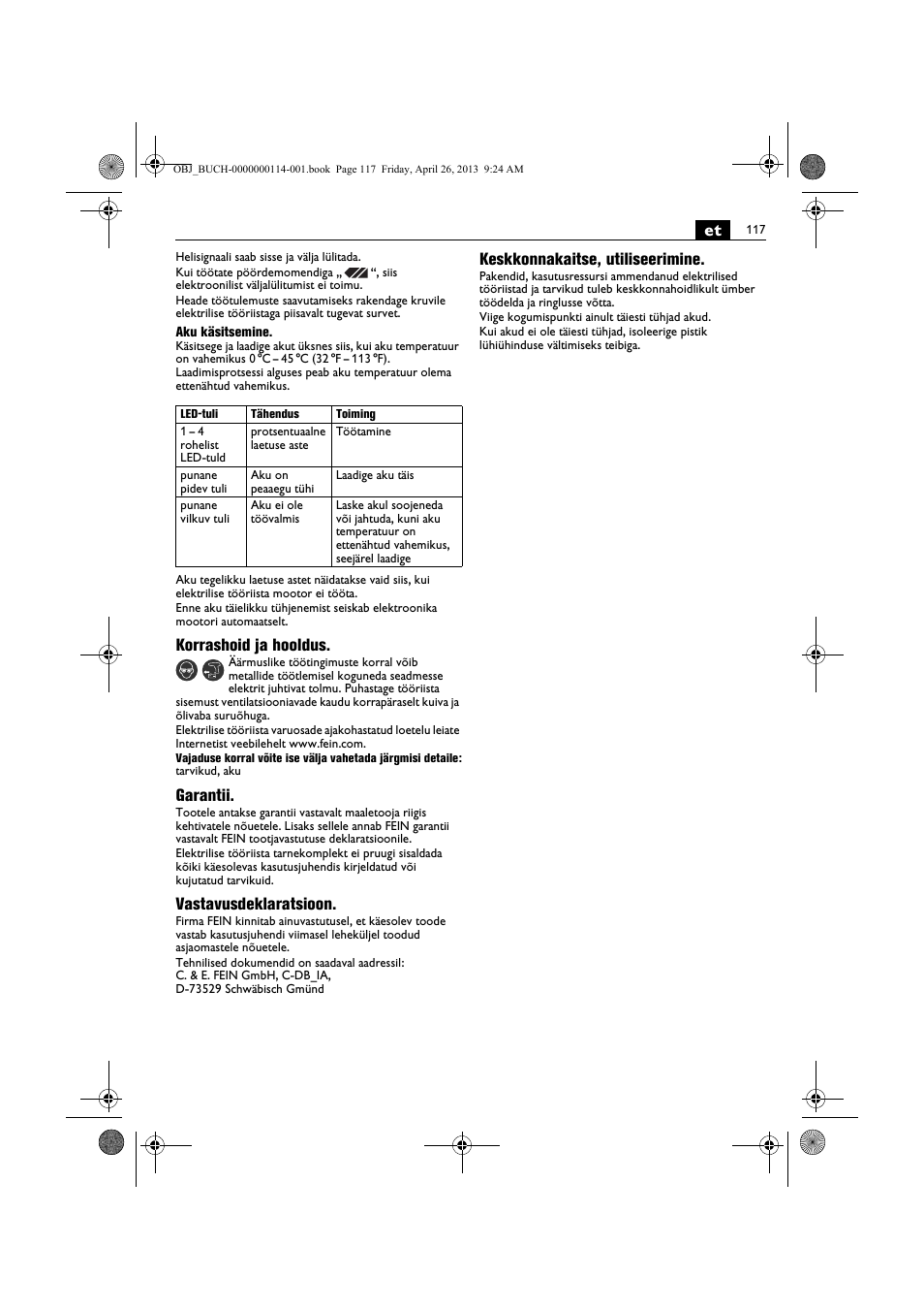 Korrashoid ja hooldus, Garantii, Vastavusdeklaratsioon | Keskkonnakaitse, utiliseerimine | Fein ASCM_18QXC User Manual | Page 117 / 154
