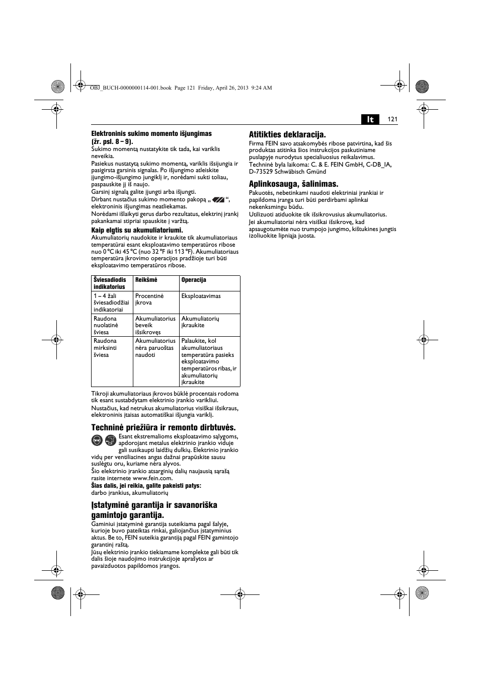 Techninė priežiūra ir remonto dirbtuvės, Atitikties deklaracija, Aplinkosauga, šalinimas | Fein ASCM_18QXC User Manual | Page 121 / 154